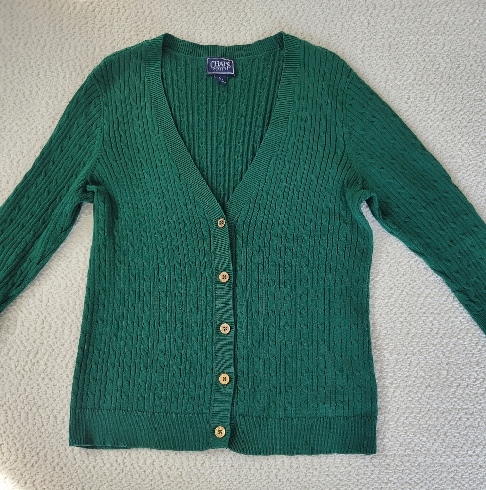 Chaps Ralph Lauren Green Cable-Knit V-Neck Button Cardigan